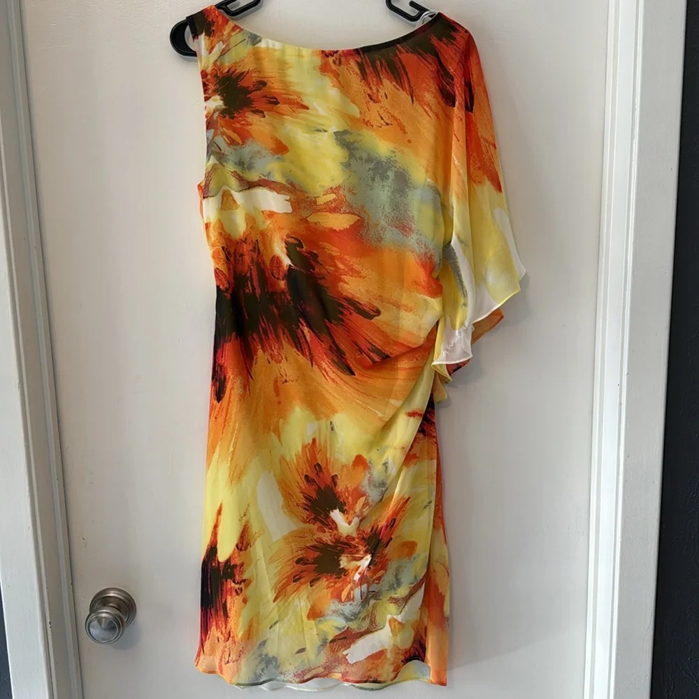 Bisou Bisou Sheer Floral Print One shoulder Sheath MIDI Dress Size 10 EUC - Picture 2 of 4